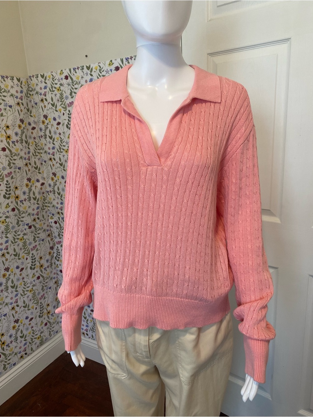 Calvin Klein Pink Knit Polo Sweater - Women's Collar Pullover Size Medium